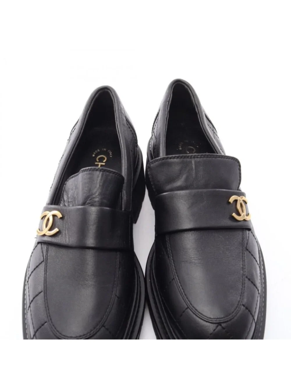 Chanel Loafers CC Logo Quilted Black Leather